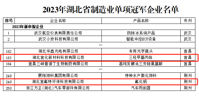 宜化新材料、宜氟特環(huán)保公司獲評2023年湖北省制造業(yè)單項冠軍企業(yè)(圖1)