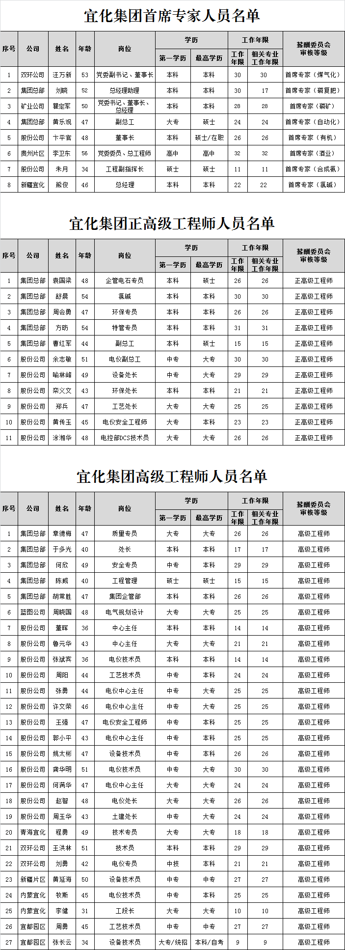 宜化集團首席專家、正高級工程師、高級工程師評審結果公示